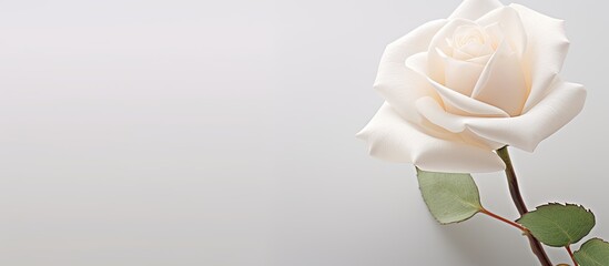 Poster - An artificial white rose flower with a clean and minimalist aesthetic set against a simple white background creating a visually pleasing copy space image