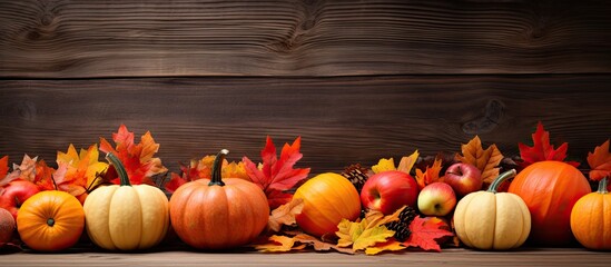 Poster - An autumnal scene featuring pumpkins leaves and apples on a wooden background Ideal for copy space image
