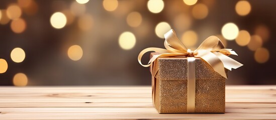 Aufkleber - An elegant golden gift box positioned on a light wooden background evoking the concepts of Christmas and New Year holidays Close up flat layout with copy space for added creativity