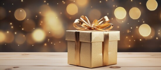 Poster - An elegant golden gift box positioned on a light wooden background evoking the concepts of Christmas and New Year holidays Close up flat layout with copy space for added creativity