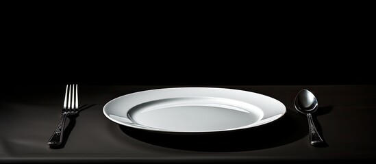 Poster - An empty plate with a set of utensils including a spoon and fork resting on a black table providing ample empty space for additional visuals or text 150 characters