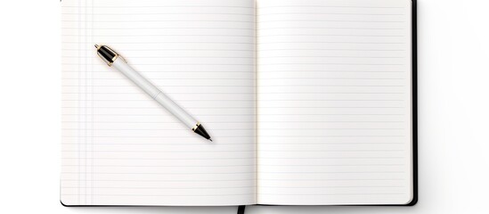 Fototapete - An isolated copy space image of a book diary and pen with blank pages on a white background