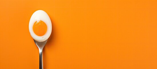 Poster - A half boiled egg on an orange background with a copy space image balanced on a fork