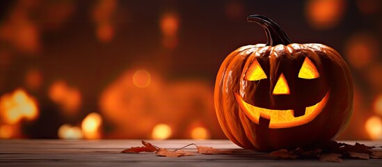 Poster - An image showcasing a vibrant Halloween theme with a carved pumpkin bats silhouetted against an orange backdrop and a beautifully illuminated bokeh background 190 characters. Creative banner