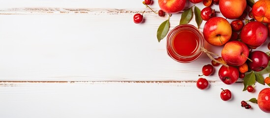 Aufkleber - An autumn harvest of Paradise apples is showcased in a top view displayed on a white wooden table along with a jar of sweet Paradise apple jam The composition allows for copy space in the image