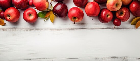 Aufkleber - An autumn harvest of Paradise apples is showcased in a top view displayed on a white wooden table along with a jar of sweet Paradise apple jam The composition allows for copy space in the image