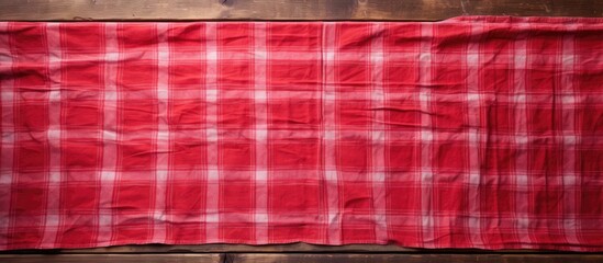 Leinwandbilder - An old wooden table is shown from above with a vibrant red tablecloth leaving an empty space for adding an image. Creative banner. Copyspace image