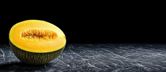 Poster - A fresh and colorful yellow melon placed on a black stone surface with a top down perspective offers a captivating image with plenty of room for additional content