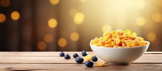 Aufkleber - Closeup of a delicious and crunchy bowl of corn flakes topped with milk and blueberries displayed on a wooden table Copy space image