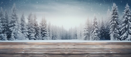 Leinwandbilder - Winter forest with snow and tall pine trees displaying an empty wooden table A scenic Christmas or winter backdrop with ample copy space ideal for product display templates