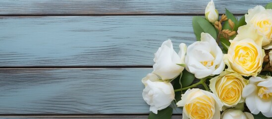 Fototapete - A white and yellow rose arrangement is beautifully displayed on a rustic blue wooden background creating a perfect copy space image for a message on a blank white card