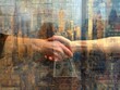Double exposure of a handshake overlaid on a bustling cityscape, symbolizing business agreements and urban partnerships.