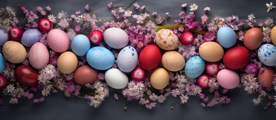 Aufkleber - Colorful Easter eggs arranged on a table with gypsophila flowers creating a vibrant composition The top view showcases the natural dyed eggs providing a colorful background perfect for adding text or