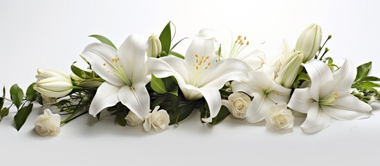 Poster - A flower arrangement with white blooms on a white backdrop conveying the themes of Valentine s Day Mother s Day and Women s Day Copy space image