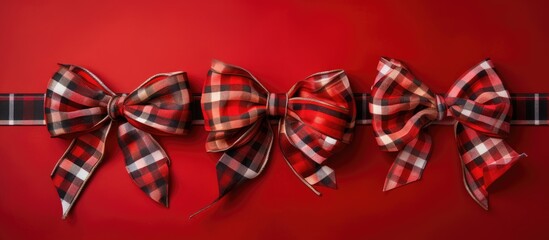 Poster - A festive arrangement of bows on a red checkered tablecloth for a Christmas themed image with empty space. Creative banner. Copyspace image