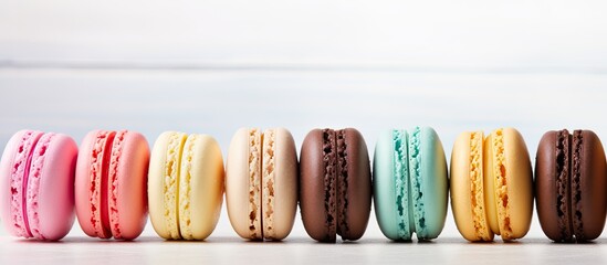 Poster - A colorful array of pastel almond cookies known as macarons is placed on a light background with ample space for additional images or text