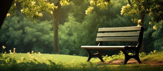 Poster - A beautiful wooden bench surrounded by greenery in a peaceful park perfect for relaxing and enjoying the serene atmosphere Short sentence for copy space image Serene park bench