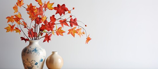 Poster - A beautiful home interior with various decor elements featuring a lovely display of vibrant autumn leaves arranged in a vase against a light background perfect for showcasing artwork through a copy s