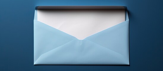 Poster - A blank card being inserted into an opened blue envelope by a hand with space for writing. Creative banner. Copyspace image