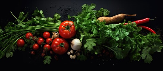 Poster - A dark background blends with fresh tomato varieties and aromatic herbs like parsley and dill creating a captivating image symbolizing the concept of organic food Copy space image