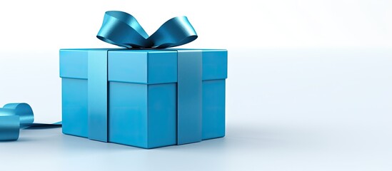 Poster - A blue gift box is seen alone on a white background with empty space around it for adding images or text. Creative banner. Copyspace image