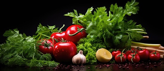 Poster - A dark background blends with fresh tomato varieties and aromatic herbs like parsley and dill creating a captivating image symbolizing the concept of organic food Copy space image