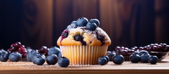 Poster - A delicious blueberry muffin made with oats is displayed on a wooden background ready to be baked The image provides ample space for copy