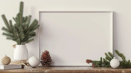 Canvas Print - Mockup blank white frame picture near pine tree in vase, book, white christmas on wooden table. Mockup greeting frame