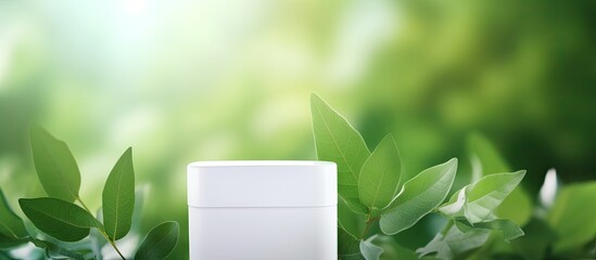 Aufkleber - Branding mock up concept featuring white cosmetic products and green leaves on a colorful background Copy space image for showcasing natural beauty products
