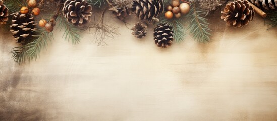 Fototapete - Holiday background with branches and cones perfect as a cozy Christmas image with ample space for text