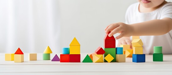 Poster - Child playing with colorful wooden bricks on a white wooden table in a learning and education concept The geometric shapes made of natural wood create a captivating copy space image