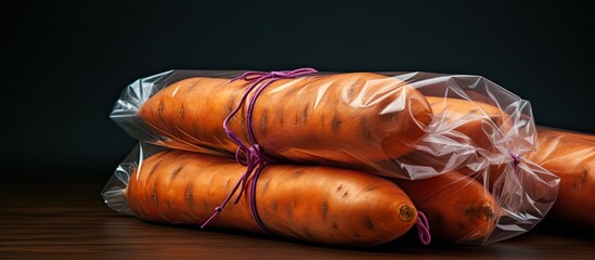 Poster - A bundle of plastic wrapped sweet potato wraps with copy space image