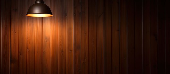 Poster - A hanging lamp on the ceiling casts a gentle glow illuminating the dark wooden room creating a captivating and artistic copy space image