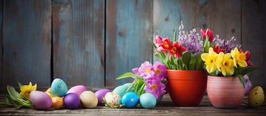 Poster - Celebrating Easter with vibrant fresh flowers against a rustic wooden backdrop perfect for a copy space image