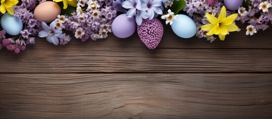 Poster - A charming arrangement of spring flowers and an Easter egg adorns a rustic wooden background in this delightful copy space image