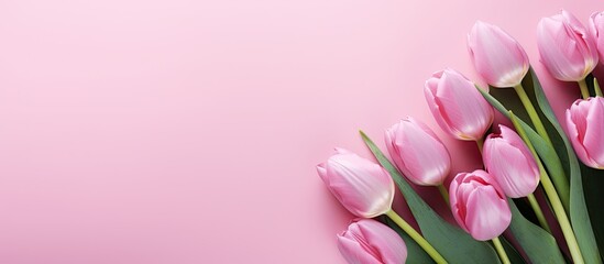 Aufkleber - A charming greeting card featuring Easter eggs and tulip flowers against a delightful pink background perfect for sending warm wishes Copy space image