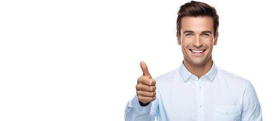 Aufkleber - A cheerful young man presents and showcases your text or product in a portrait The white background offers an empty copy space image for slogans or advertising messages
