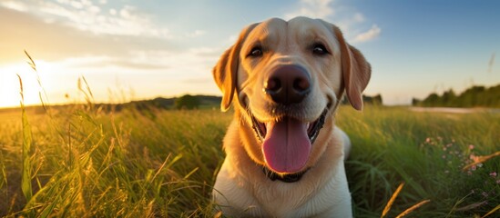 Poster - A cheerful yellow Dudley Labrador retriever dog poses for a portrait in front of a textured concrete wall providing ample copy space for creative use