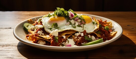 A plate of chilaquiles is shown in the copy space image