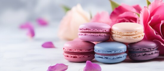 Aufkleber - Close up of sweet and colorful French macaroons made from rose petals blueberry and vanilla The macarons are placed on a plain background with copy space
