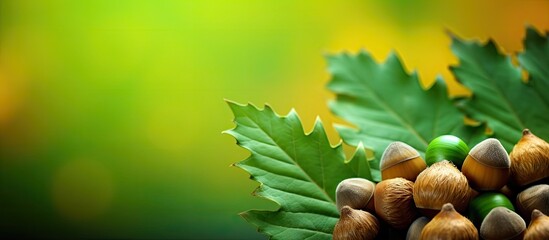 Poster - A close up of green oak tree leaves and acorns set against a colorful background creating a copy space image