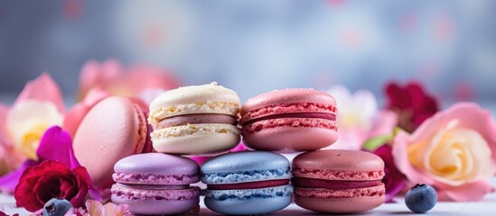 Aufkleber - Close up of sweet and colorful French macaroons made from rose petals blueberry and vanilla The macarons are placed on a plain background with copy space