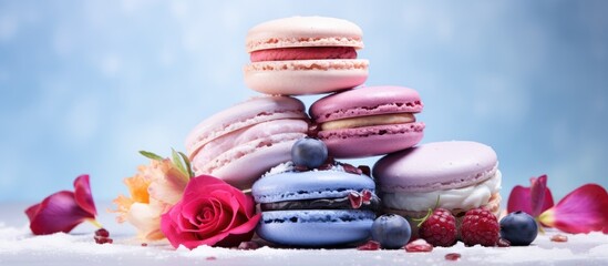 Aufkleber - Close up of sweet and colorful French macaroons made from rose petals blueberry and vanilla The macarons are placed on a plain background with copy space