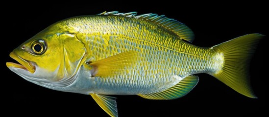Poster - A close up top view of a fresh dorado fish against a black background with ample copy space for customization