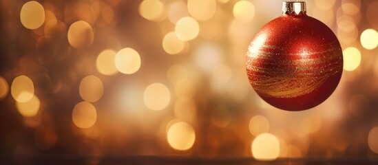 Poster - A close up of a Christmas ball hanging on a tree conveying the spirit of Merry Christmas and Happy New Year with a bokeh background for a festive copy space image