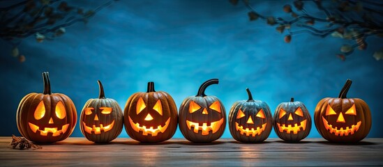 Poster - Close up of carved pumpkins on a table over a blue background representing the holidays Halloween and the concept of decoration with copy space image 108 characters