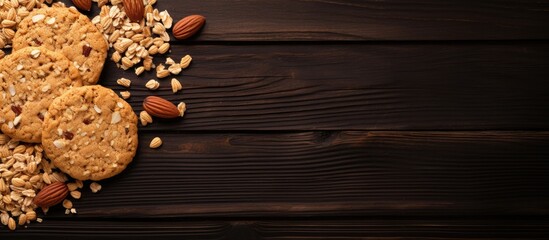 Fototapete - A close up view of oatmeal cookies with peanuts on a dark wooden table seen from the top with ample copy space in the image