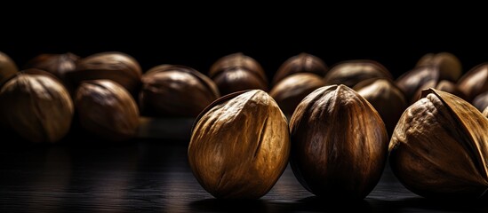 Poster - Close up copy space image of big metallic nuts against a black background