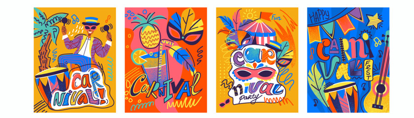 Carnival Brazil. Latin music party, poster summer, pattern background. America Rio, art mask, abstract Brazilian, Latina holiday. Invitation and greeting card design. Vector cartoon illustration set