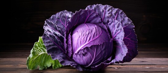 Poster - A close up image of fresh purple cabbage over a wooden background providing ample copy space